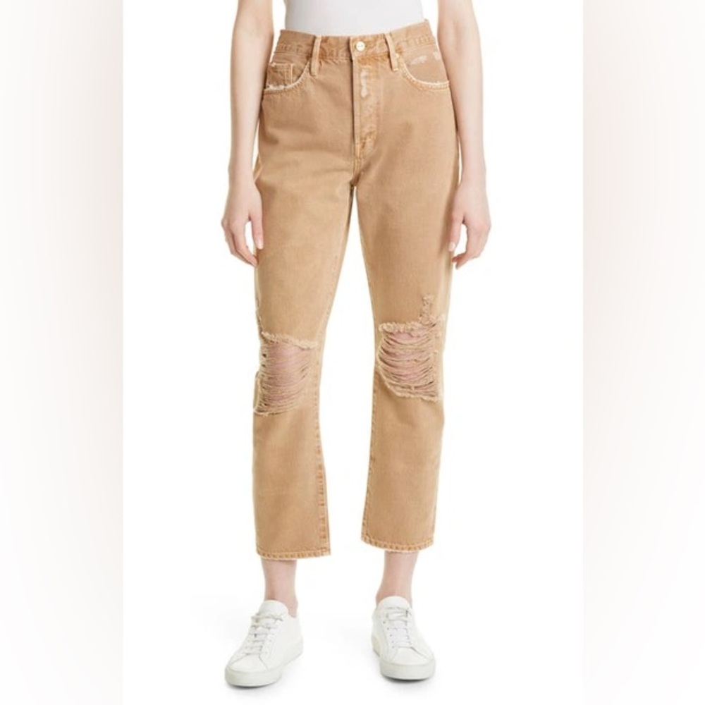 LE ORIGINAL DISTRESSED HIGH WAIST STRAIGHT LEG JEANS IN WASHED SAND DESTRUCT, 29